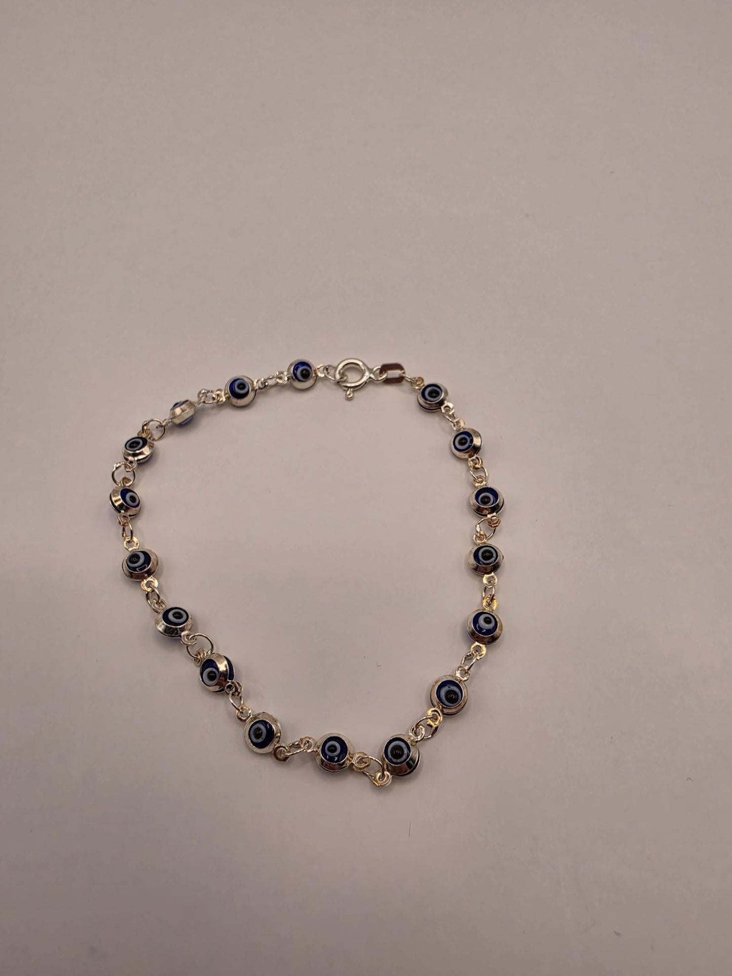 925 Sterling Silver Navy Evil Eye Station Bracelet | 7" | 5mm Beads | Delicate Chain | Protection Jewelry | Gift for Her