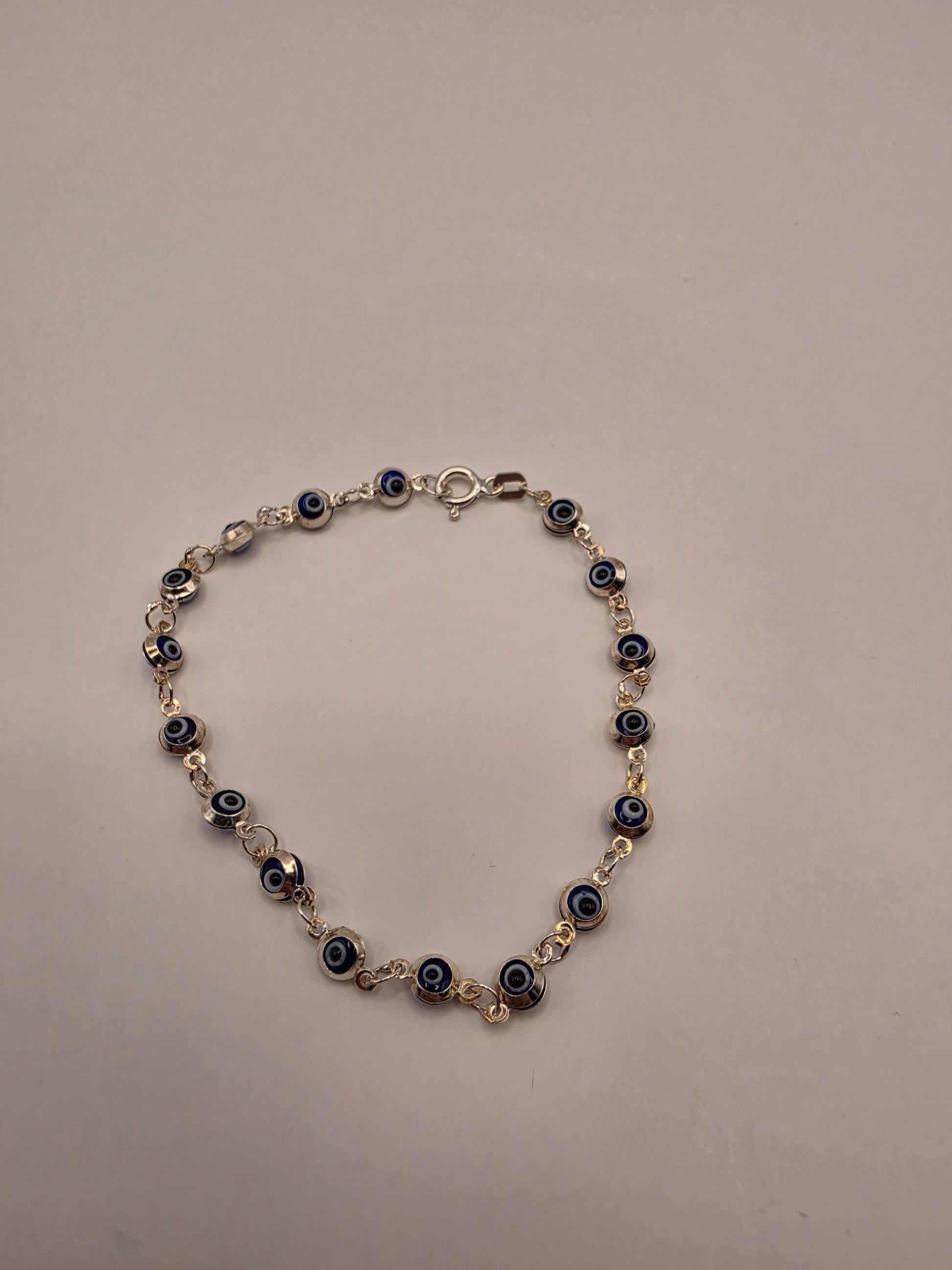 925 Sterling Silver Navy Evil Eye Station Bracelet | 7" | 5mm Beads | Delicate Chain | Protection Jewelry | Gift for Her