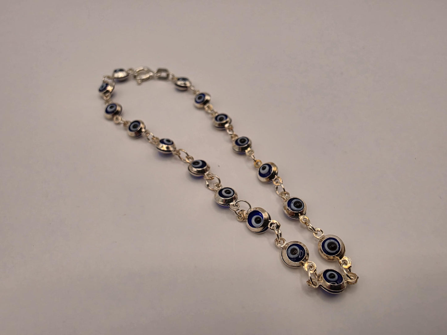925 Sterling Silver Navy Evil Eye Station Bracelet | 7" | 5mm Beads | Delicate Chain | Protection Jewelry | Gift for Her