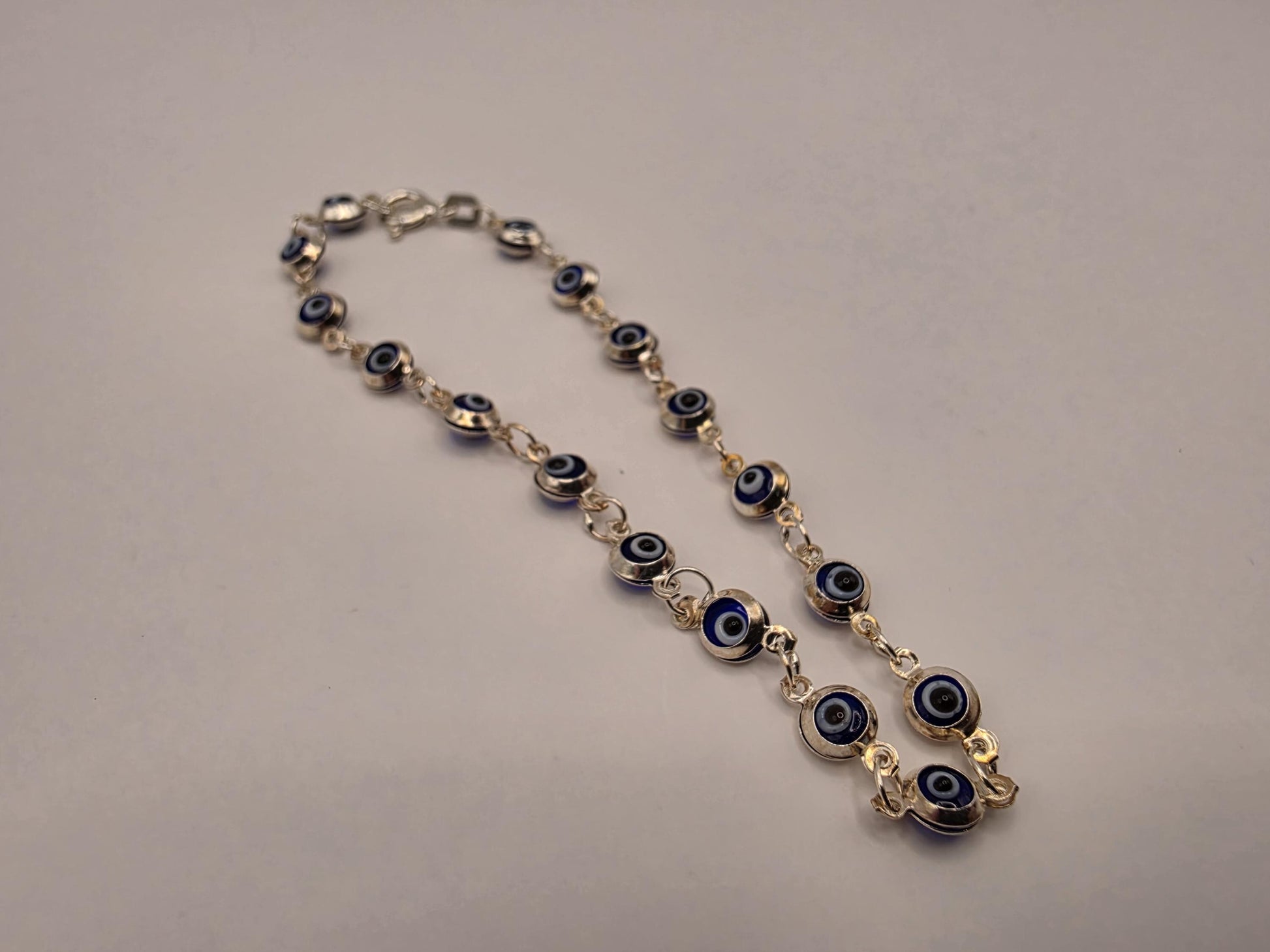 925 Sterling Silver Navy Evil Eye Station Bracelet | 7" | 5mm Beads | Delicate Chain | Protection Jewelry | Gift for Her