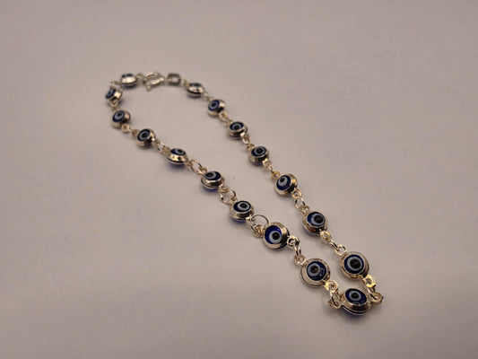 925 Sterling Silver Navy Evil Eye Station Bracelet | 7" | 5mm Beads | Delicate Chain | Protection Jewelry | Gift for Her