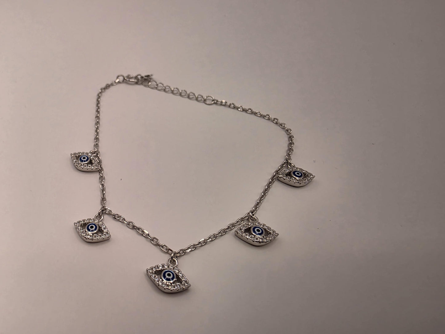 925 Sterling Silver Evil Eye Charm Dangle Bracelet | 7.5" | CZ Halo Charms | Delicate Chain | Protection Jewelry | Gift for Her