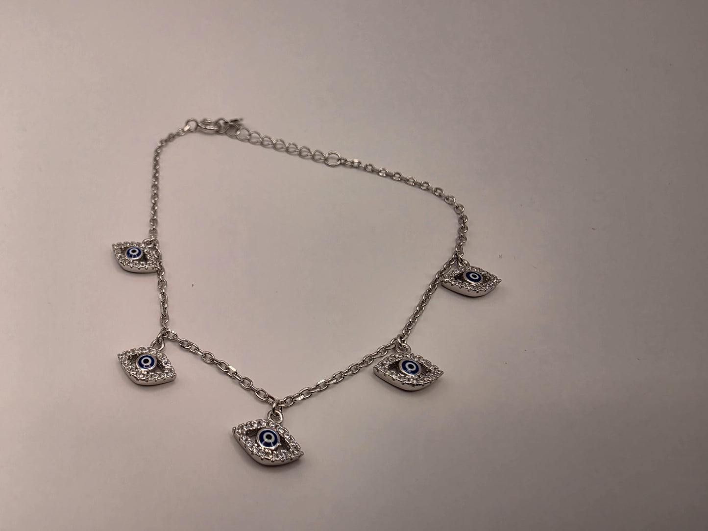 925 Sterling Silver Evil Eye Charm Dangle Bracelet | 7.5" | CZ Halo Charms | Delicate Chain | Protection Jewelry | Gift for Her