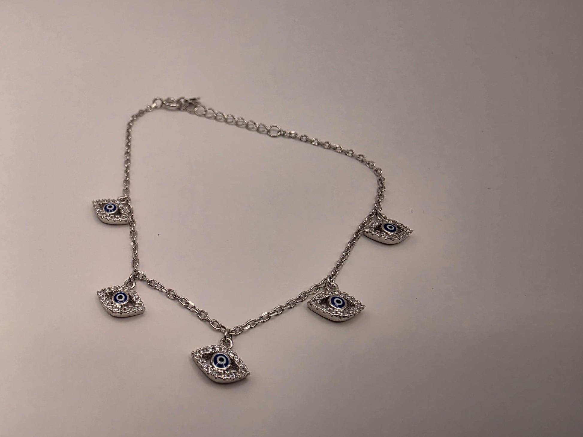 925 Sterling Silver Evil Eye Charm Dangle Bracelet | 7.5" | CZ Halo Charms | Delicate Chain | Protection Jewelry | Gift for Her