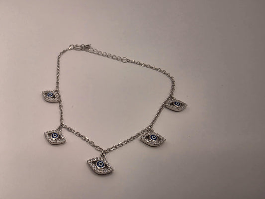 925 Sterling Silver Evil Eye Charm Dangle Bracelet | 7.5" | CZ Halo Charms | Delicate Chain | Protection Jewelry | Gift for Her