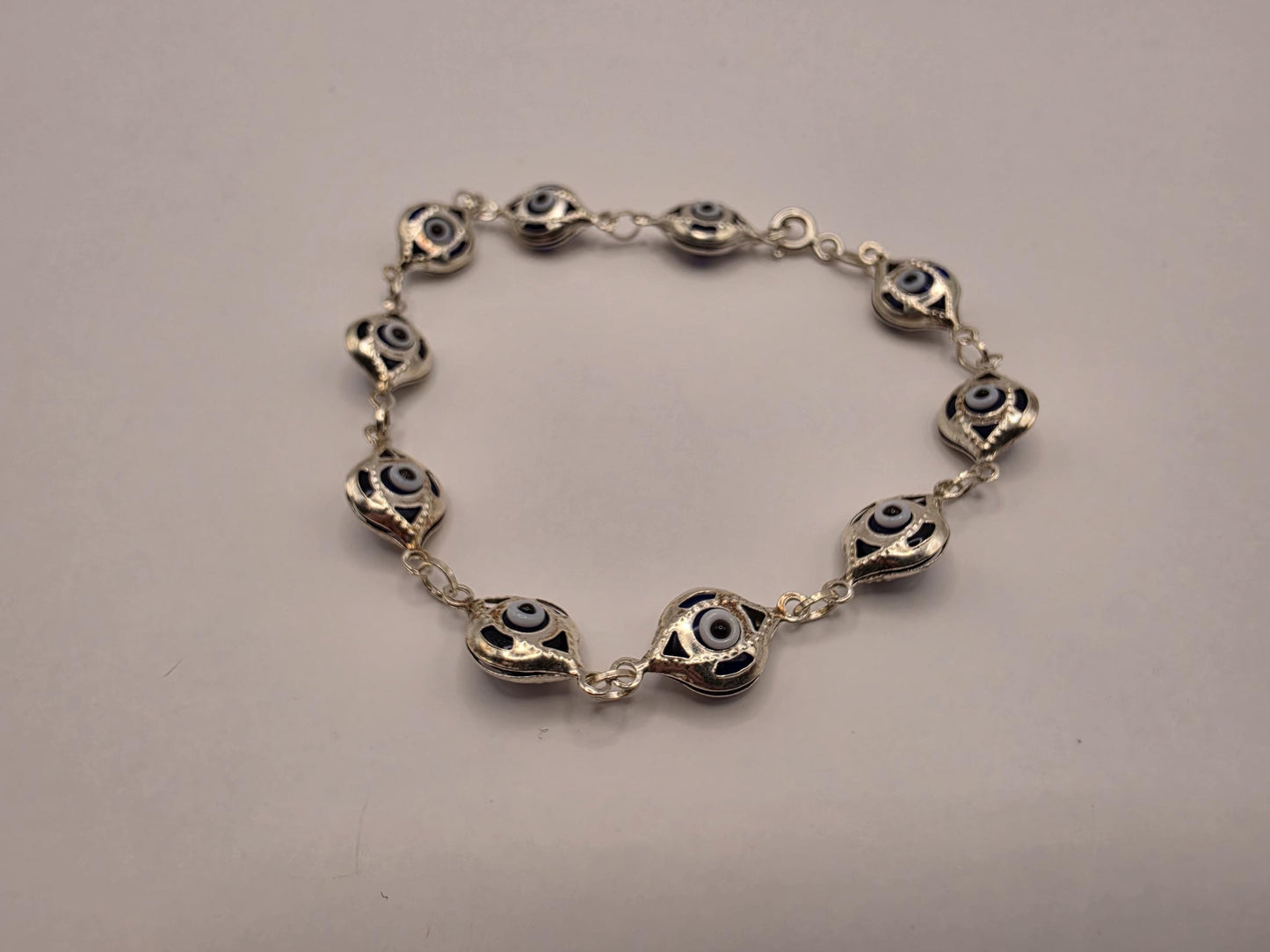 925 Sterling Silver Blue Evil Eye Ornate Link Bracelet | 7.5" | 8.24mm | Decorative Frame | Protection Jewelry | Gift for Her
