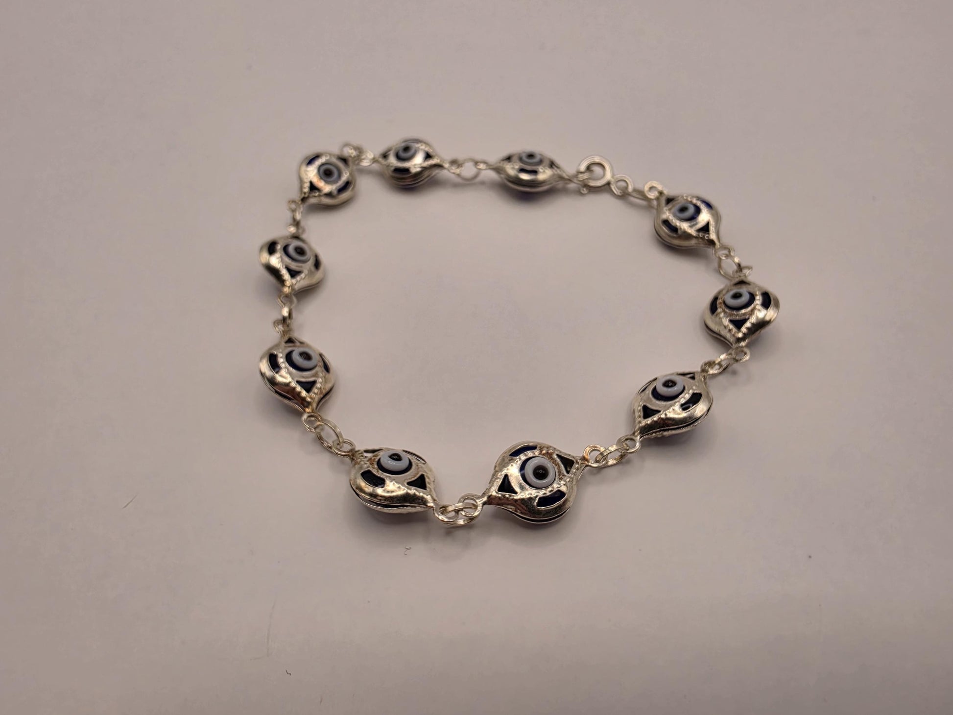925 Sterling Silver Blue Evil Eye Ornate Link Bracelet | 7.5" | 8.24mm | Decorative Frame | Protection Jewelry | Gift for Her