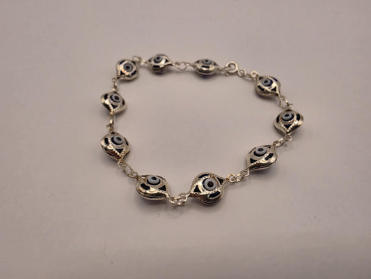 925 Sterling Silver Blue Evil Eye Ornate Link Bracelet | 7.5" | 8.24mm | Decorative Frame | Protection Jewelry | Gift for Her