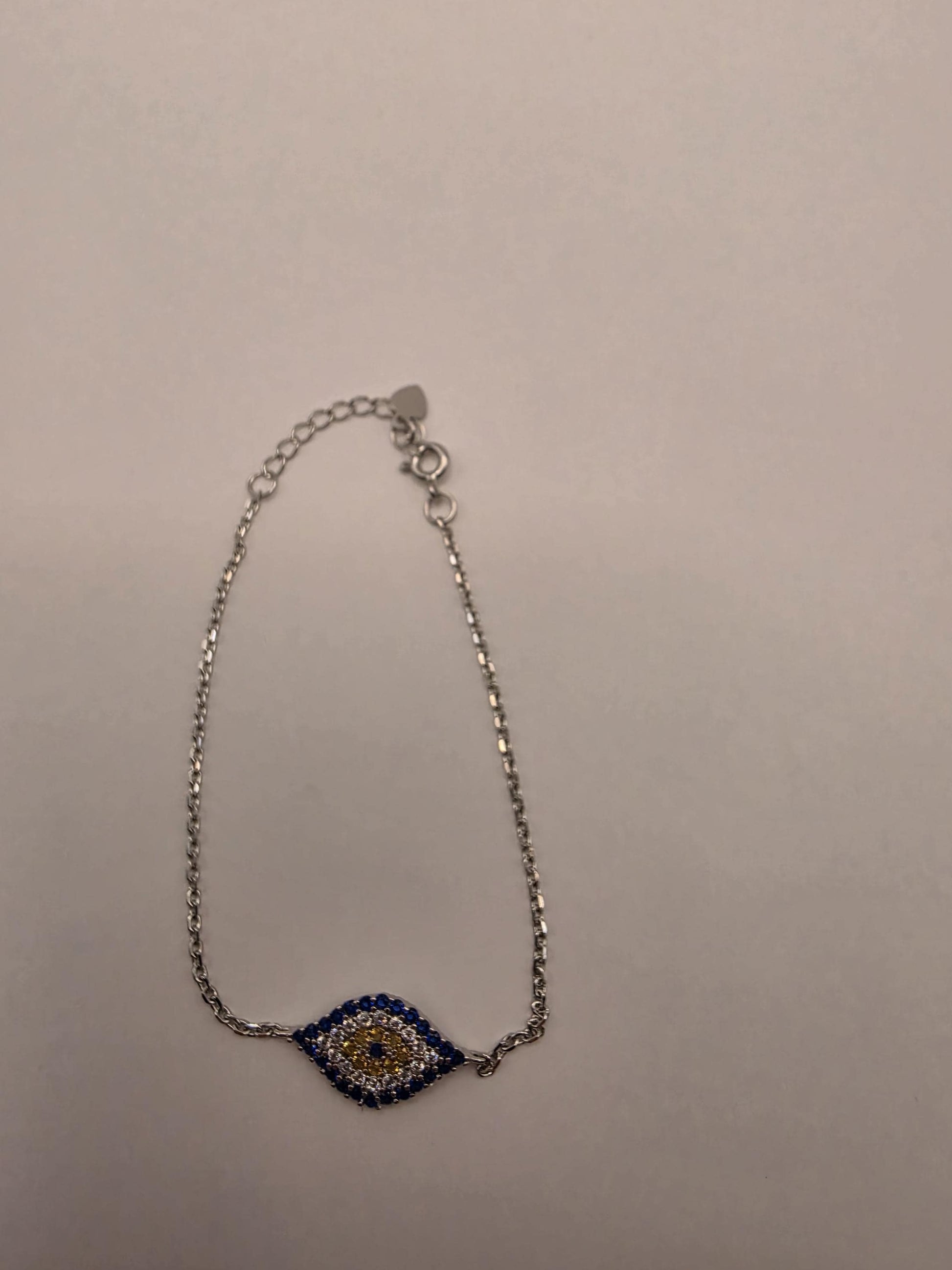 925 Sterling Silver Evil Eye CZ Centerpiece Bracelet | 8" | Blue & Gold Stones | Delicate Chain | Protection Jewelry | Gift for Her