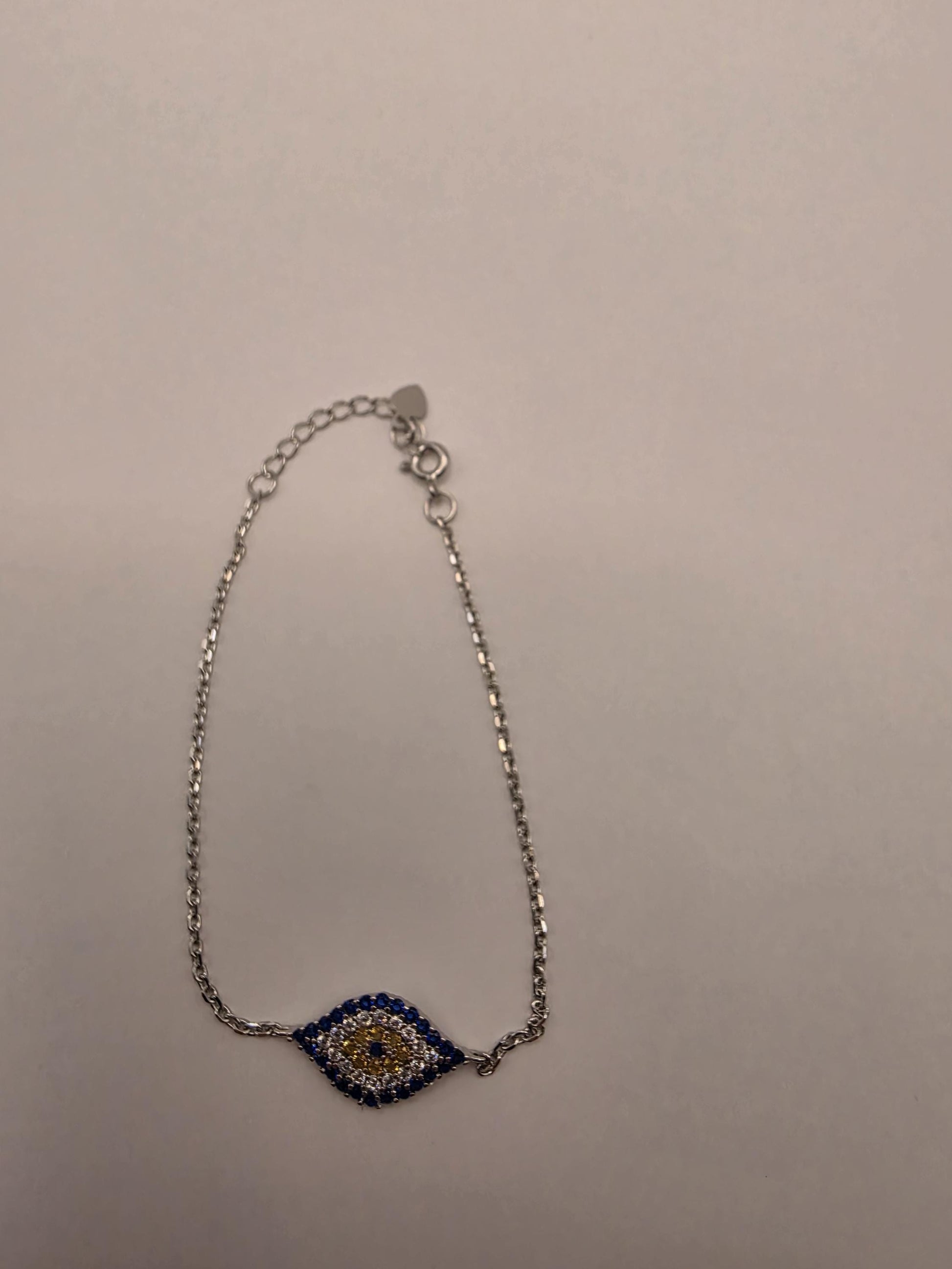 925 Sterling Silver Evil Eye CZ Centerpiece Bracelet | 8" | Blue & Gold Stones | Delicate Chain | Protection Jewelry | Gift for Her