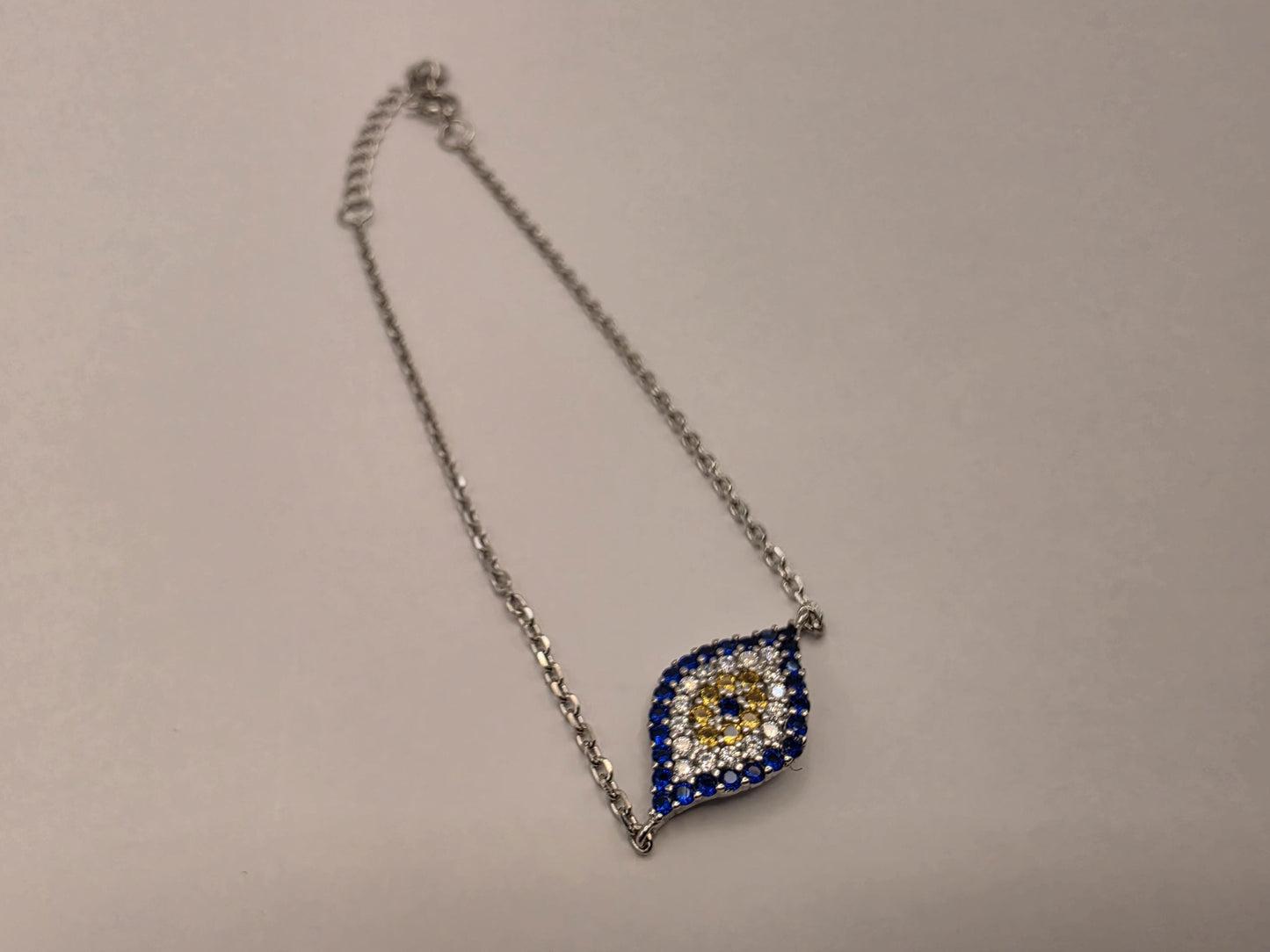 925 Sterling Silver Evil Eye CZ Centerpiece Bracelet | 8" | Blue & Gold Stones | Delicate Chain | Protection Jewelry | Gift for Her
