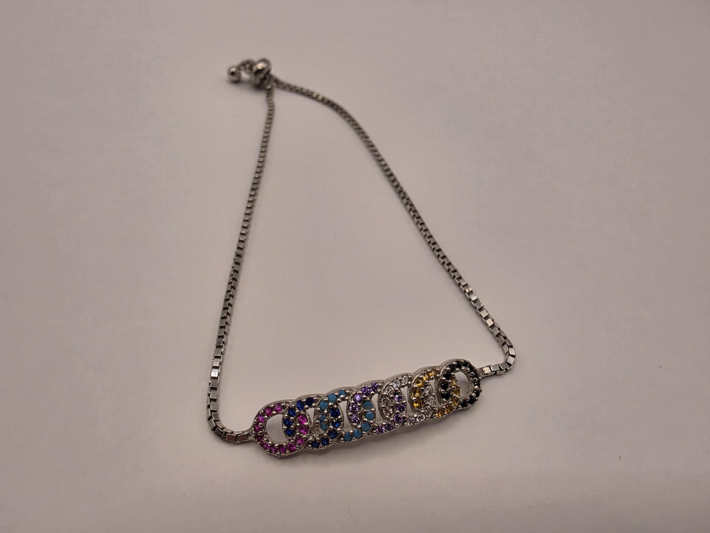 925 Sterling Silver Rainbow CZ Bar Bracelet | 9" | Adjustable Slider | Multicolor Stones | Boho | Gift for Her