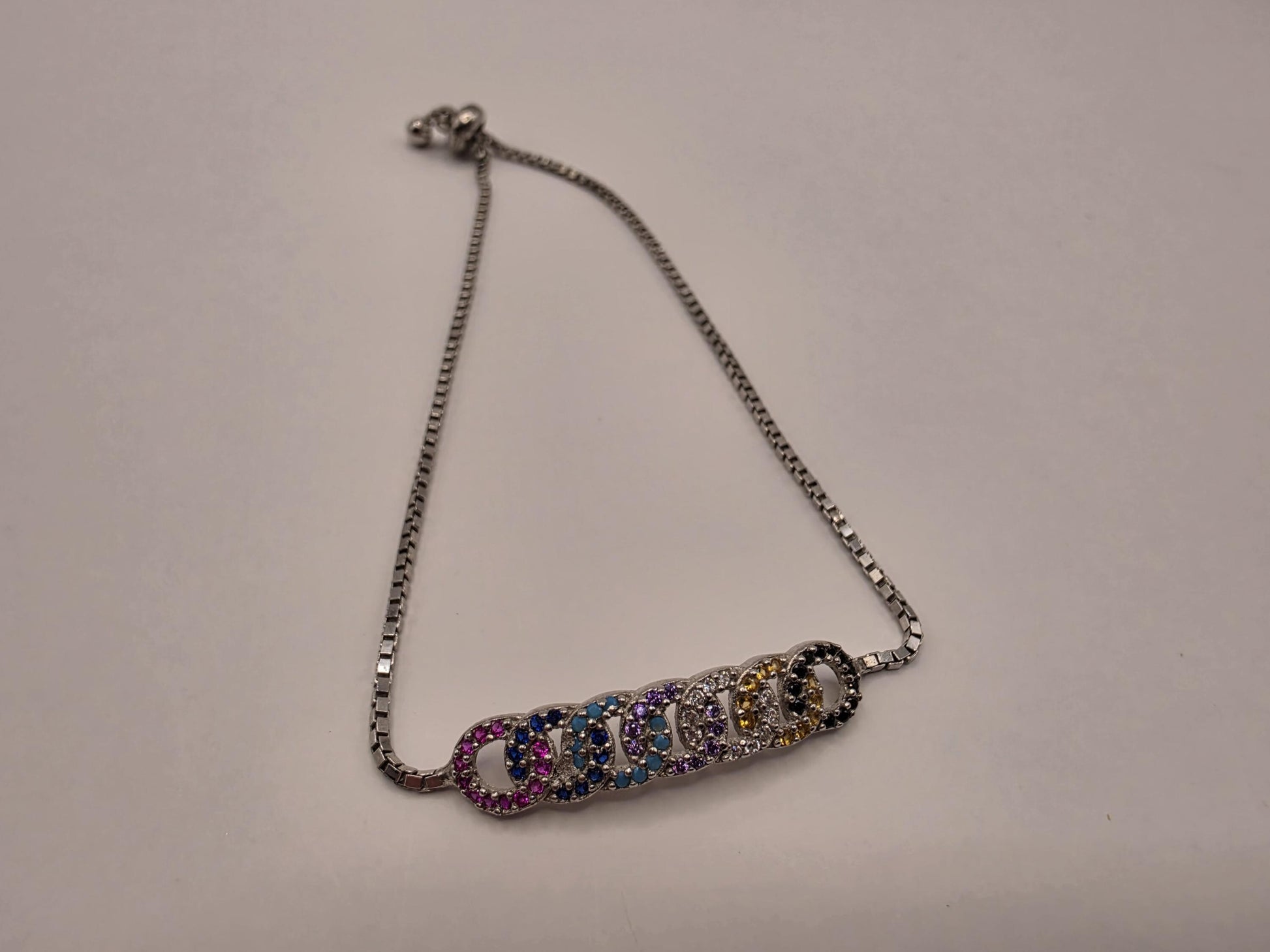925 Sterling Silver Rainbow CZ Bar Bracelet | 9" | Adjustable Slider | Multicolor Stones | Boho | Gift for Her