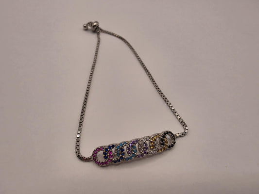 925 Sterling Silver Rainbow CZ Bar Bracelet | 9" | Adjustable Slider | Multicolor Stones | Boho | Gift for Her