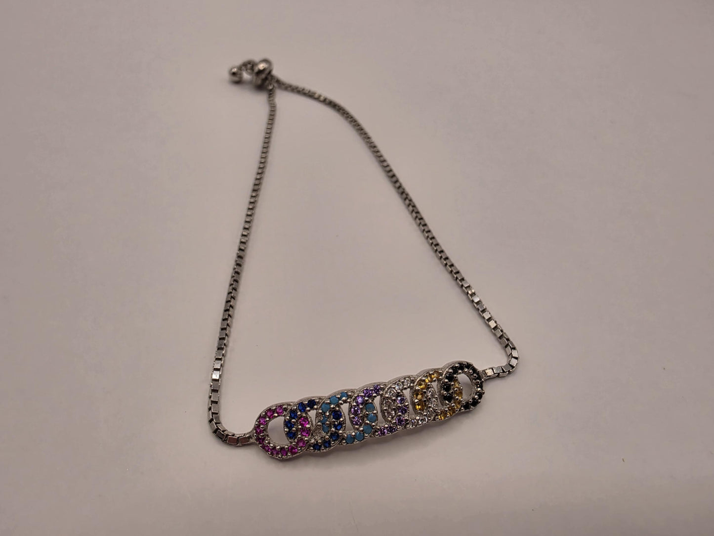925 Sterling Silver Rainbow CZ Bar Bracelet | 9" | Adjustable Slider | Multicolor Stones | Boho | Gift for Her | Womens Bracelet