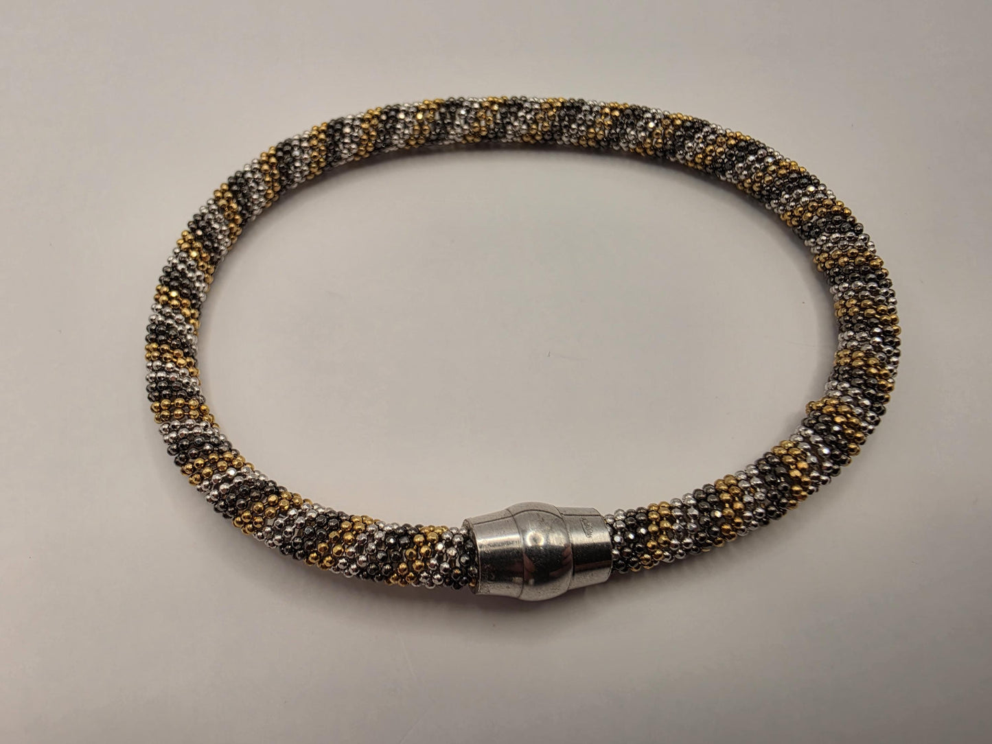 925 Sterling Silver Tri-Color Beaded Tube Bracelet | 7.5" | 4.75mm | Gold Silver Black | Magnetic Clasp | Stacking | Gift for Her