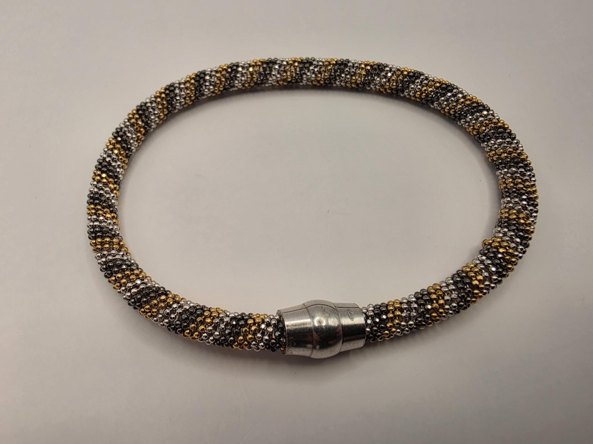 925 Sterling Silver Tri-Color Beaded Tube Bracelet | 7.5" | 4.75mm | Gold Silver Black | Magnetic Clasp | Stacking | Gift for Her