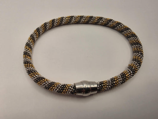 925 Sterling Silver Tri-Color Beaded Tube Bracelet | 7.5" | 4.75mm | Gold Silver Black | Magnetic Clasp | Stacking | Gift for Her