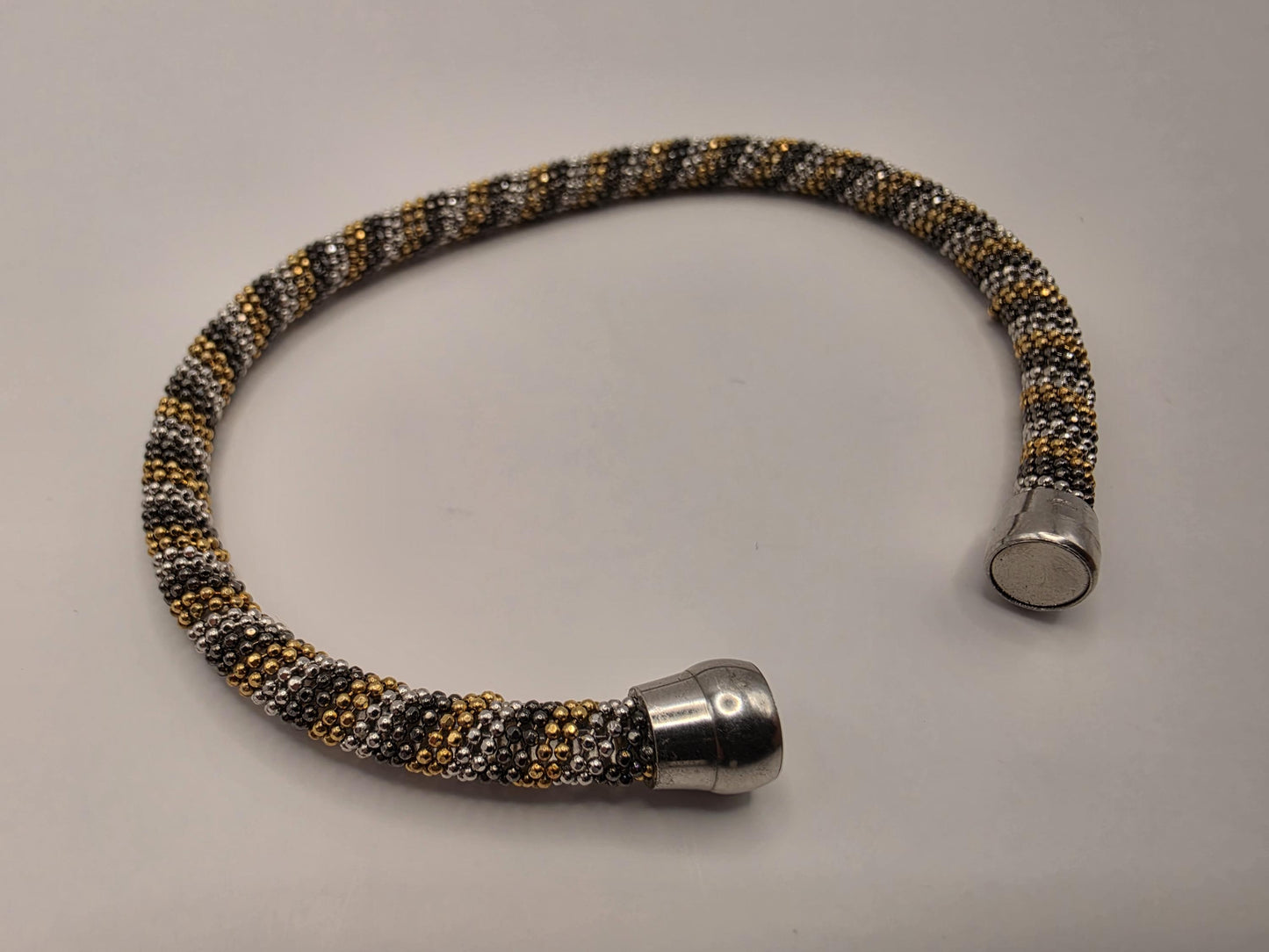 925 Sterling Silver Tri-Color Beaded Tube Bracelet | 7.5" | 4.75mm | Gold Silver Black | Magnetic Clasp | Stacking | Gift for Her