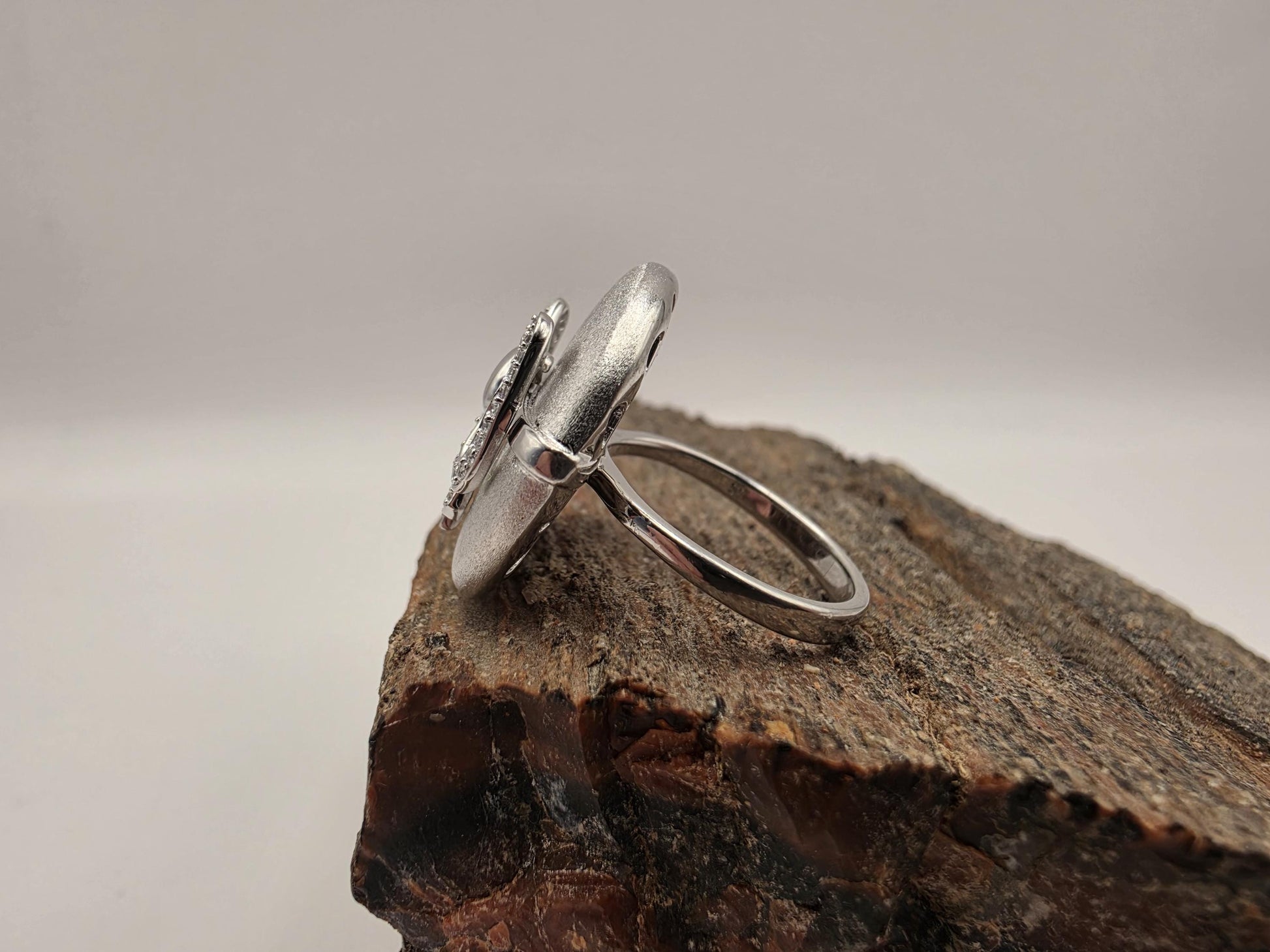 Sterling Silver Matte Dome Ring Pave CZ Bow | 925 Silver | Size 7 | Statement Cocktail Ring