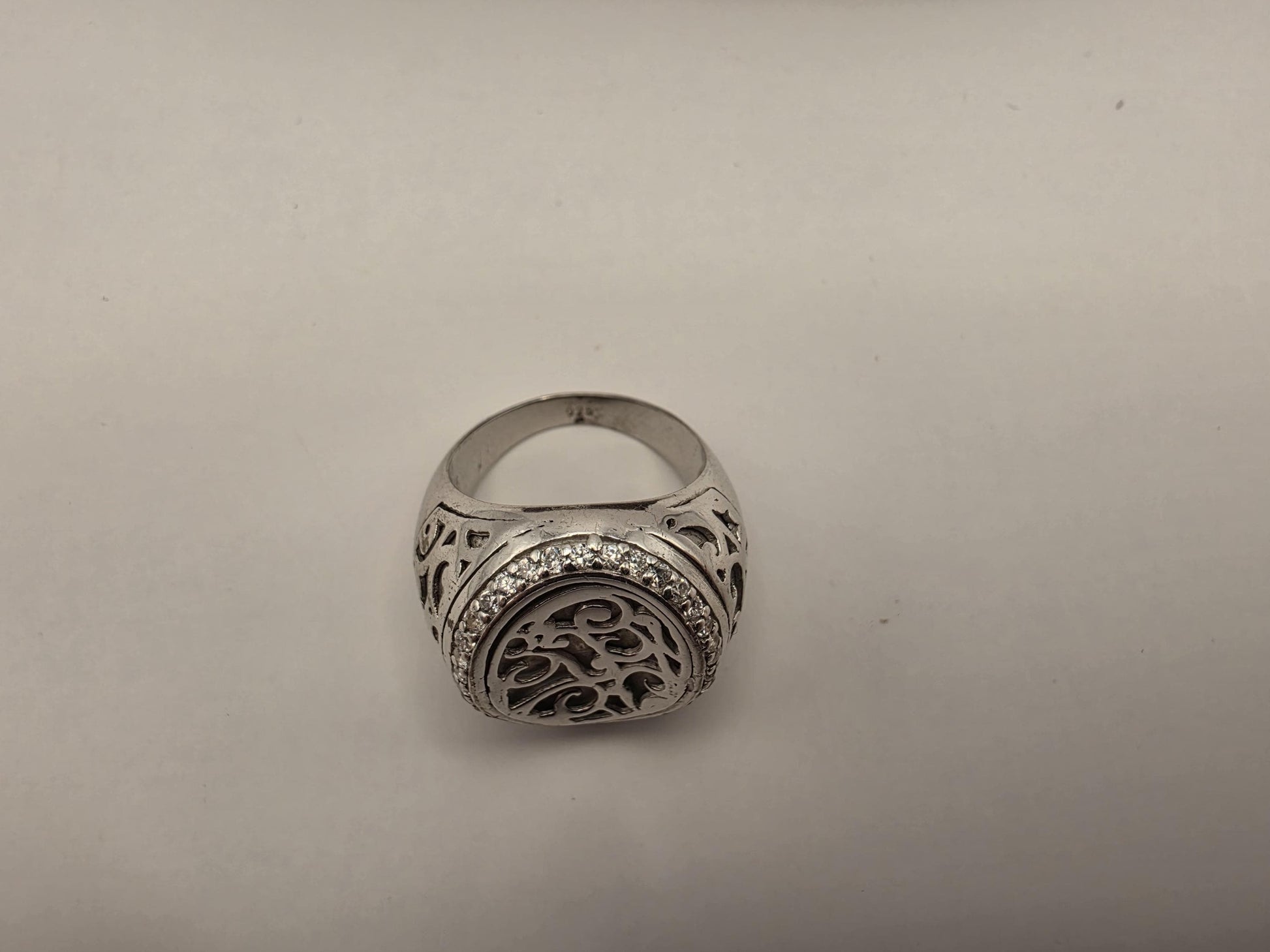 Sterling Silver Oxidized Scrollwork Signet Ring Pave CZ | 925 Silver | Size 8 | Mens Womens