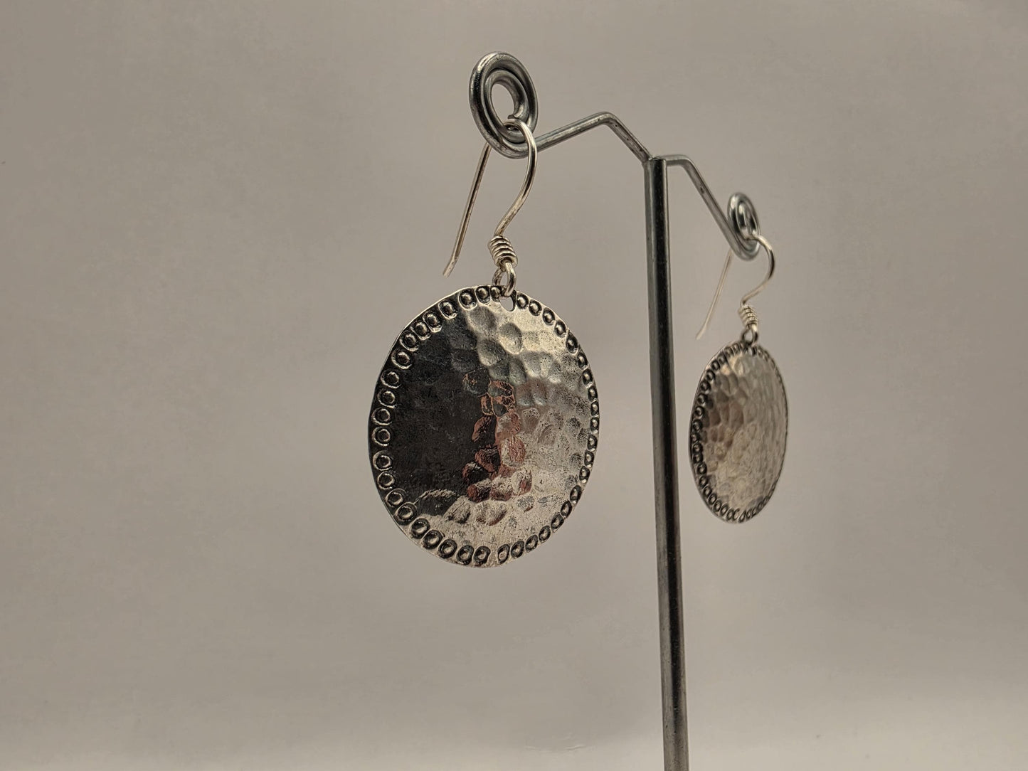 Sterling Silver Hammered Disc Drop Earrings | 925 Silver | 28mm | Boho Bead Edge Drops