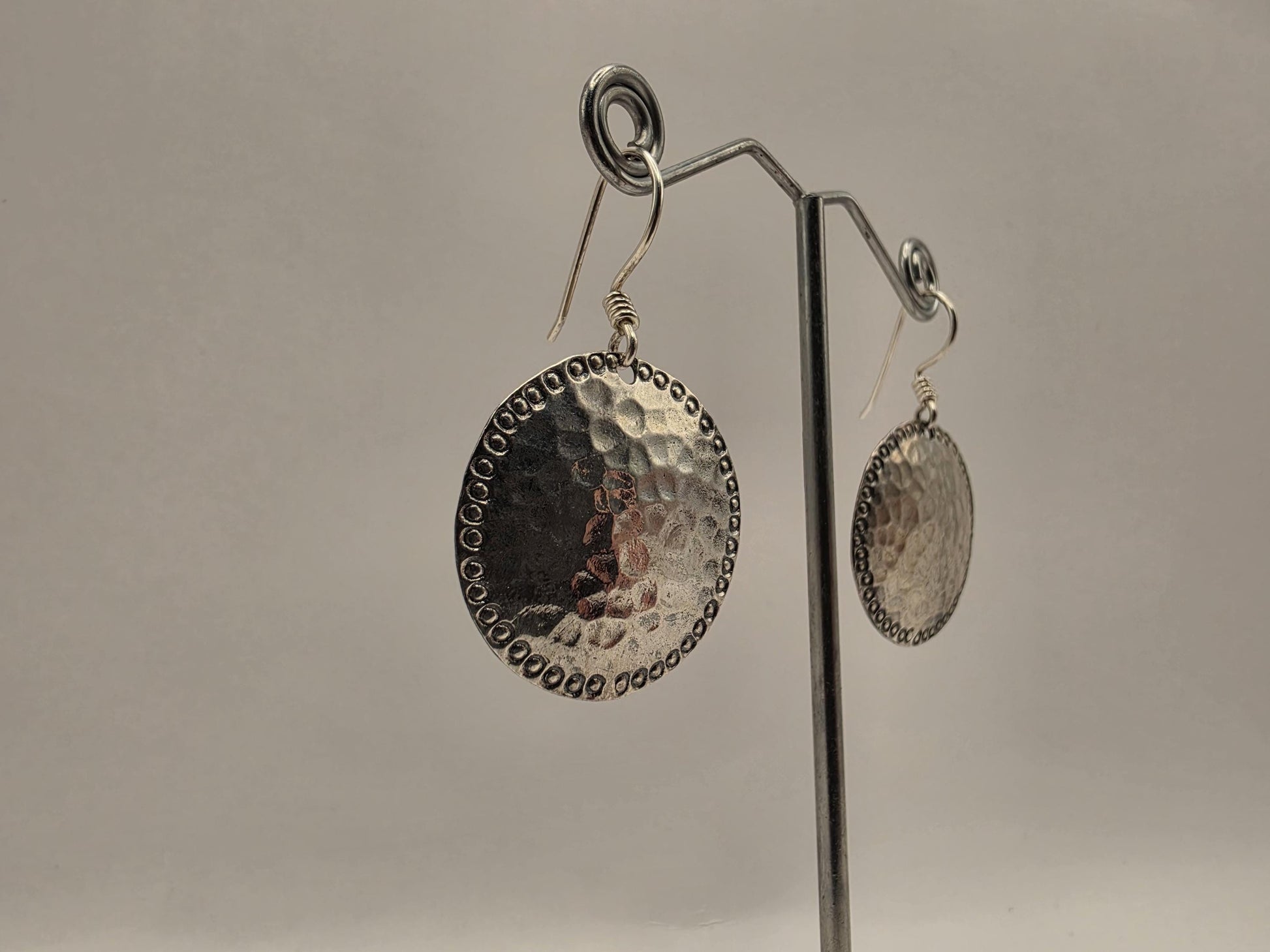 Sterling Silver Hammered Disc Drop Earrings | 925 Silver | 28mm | Boho Bead Edge Drops