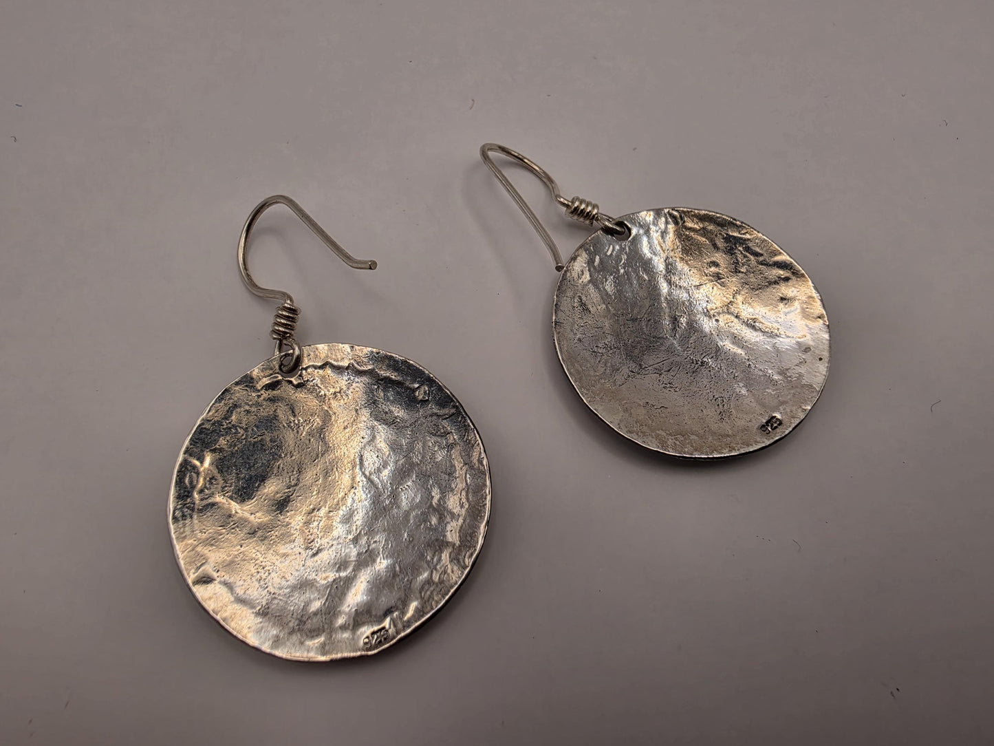 Sterling Silver Hammered Disc Drop Earrings | 925 Silver | 28mm | Boho Bead Edge Drops