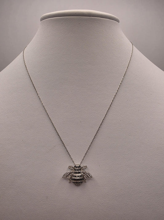 Sterling Silver Bee Pendant Necklace | 925 Silver | 17 Inch | Pave CZ Bumble Bee Charm