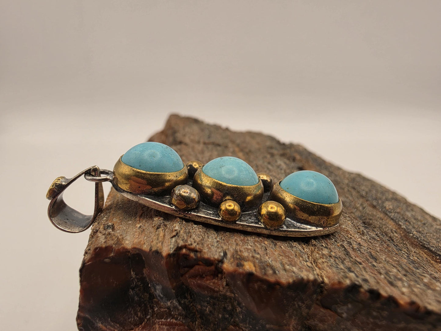 Sterling Silver Triple Turquoise Pendant | 925 Silver | 38.8mm | Boho Gold Accent Bezel Pendant