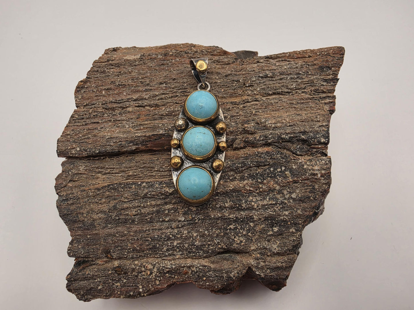 Sterling Silver Triple Turquoise Pendant | 925 Silver | 38.8mm | Boho Gold Accent Bezel Pendant