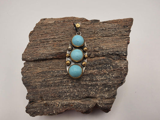 Sterling Silver Triple Turquoise Pendant | 925 Silver | 38.8mm | Boho Gold Accent Bezel Pendant