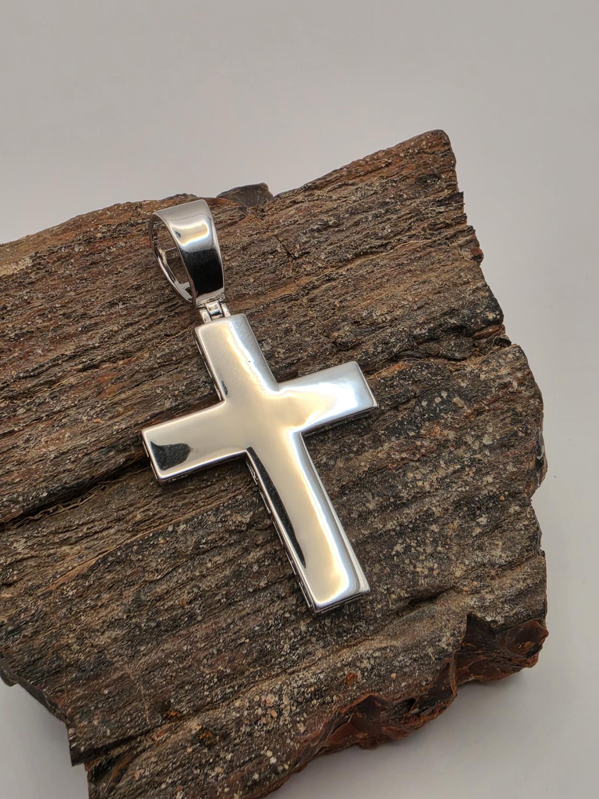 Sterling Silver Modern Polished Cross Pendant | 925 Silver | 41mm | Minimalist Cross Charm