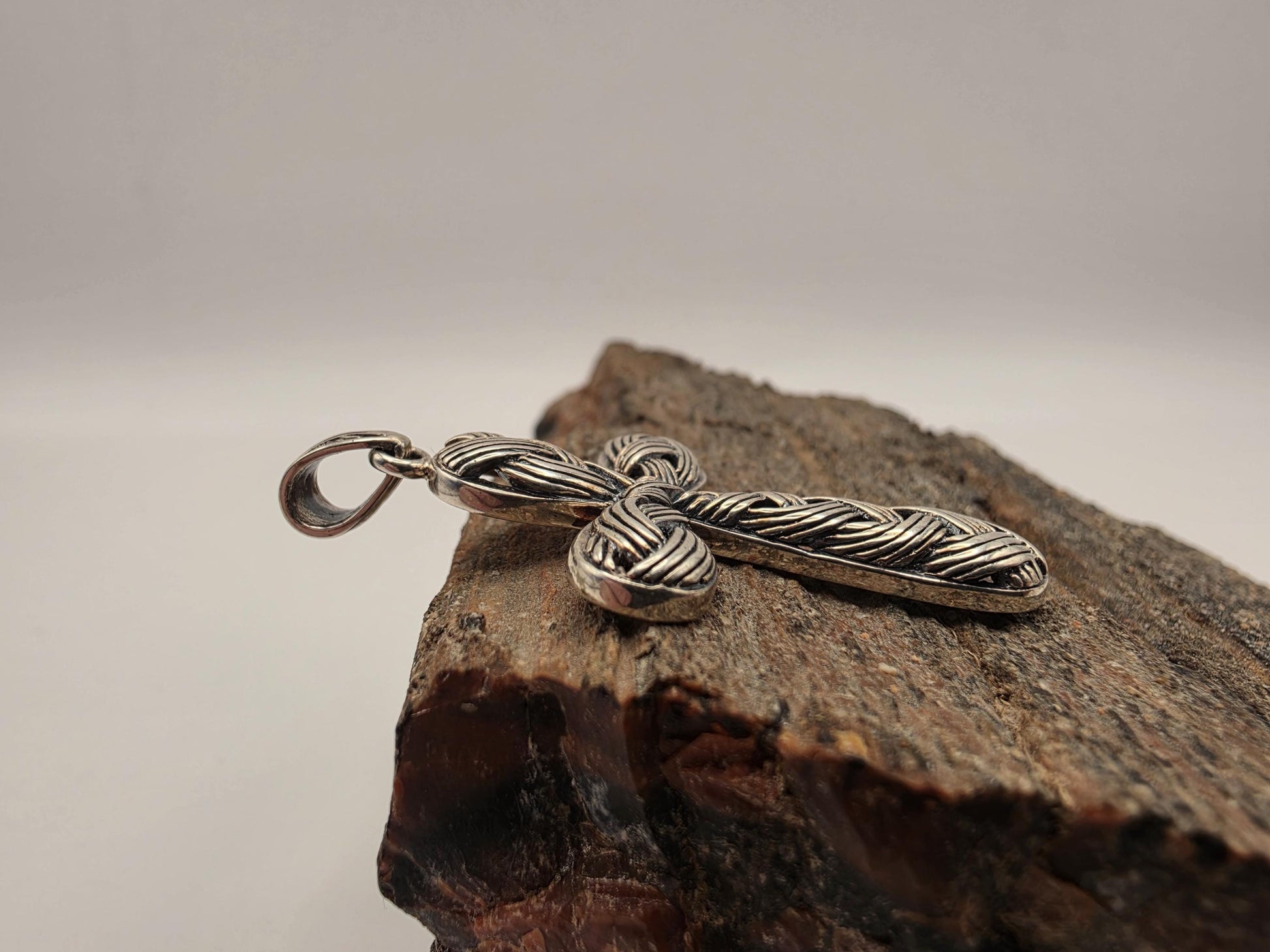 Sterling Silver Braided Woven Cross Pendant | 925 Silver | 36.8mm | Rope Texture Cross Charm