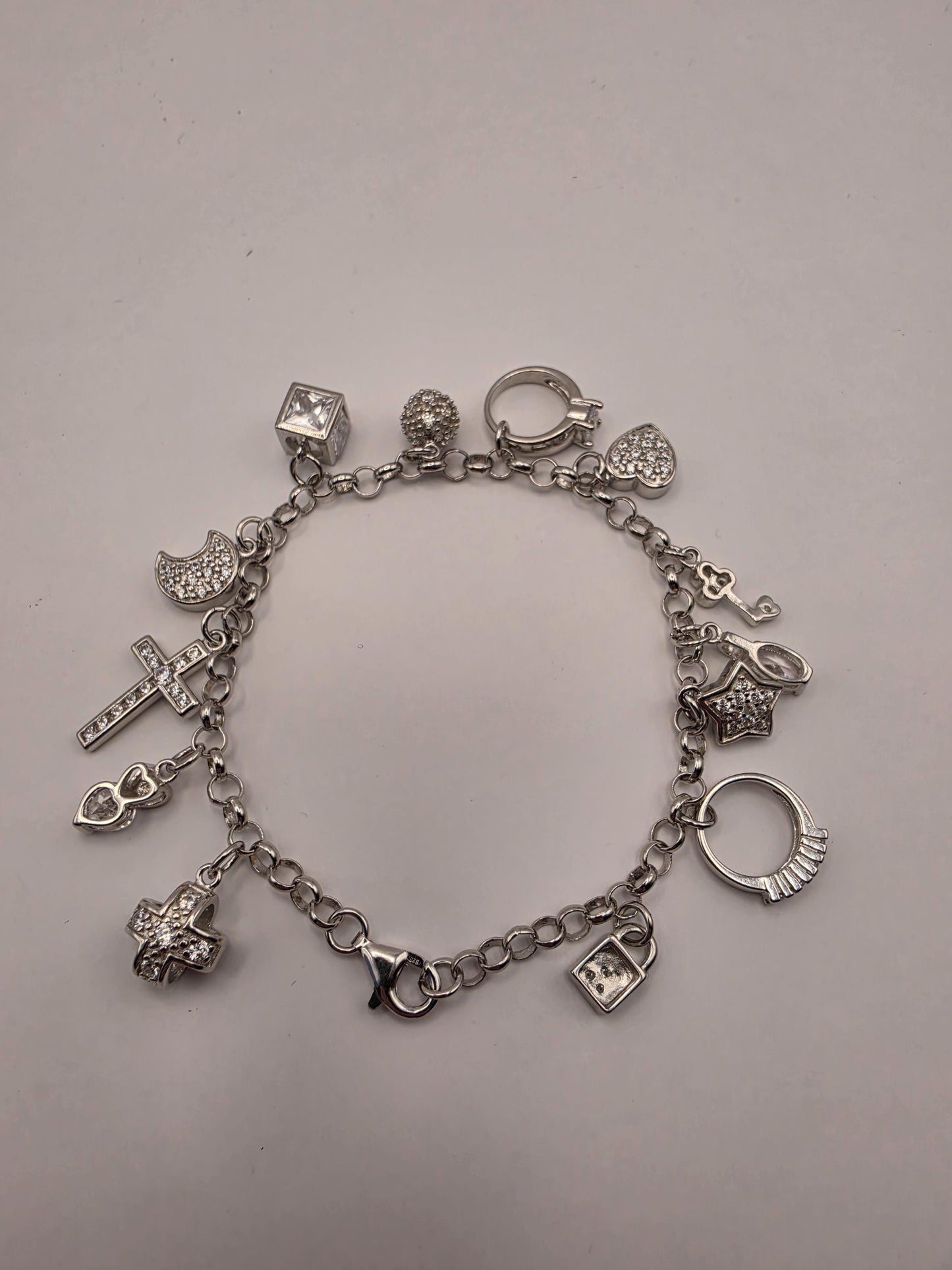 Sterling Silver CZ Charm Bracelet | 925 Silver | 7.5 Inch | 12 Charm Multi Charm Bracelet