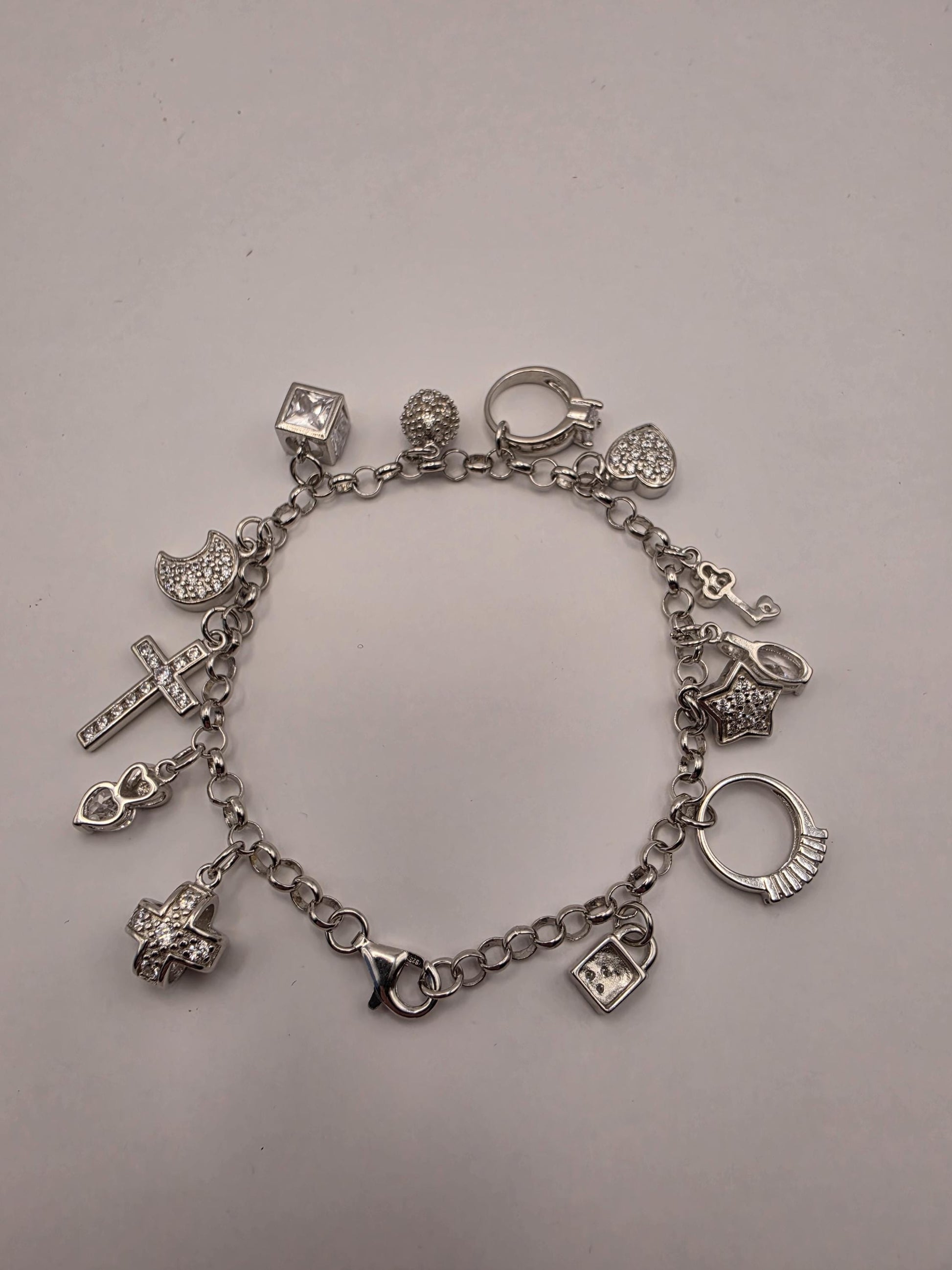 Sterling Silver CZ Charm Bracelet | 925 Silver | 7.5 Inch | 12 Charm Multi Charm Bracelet