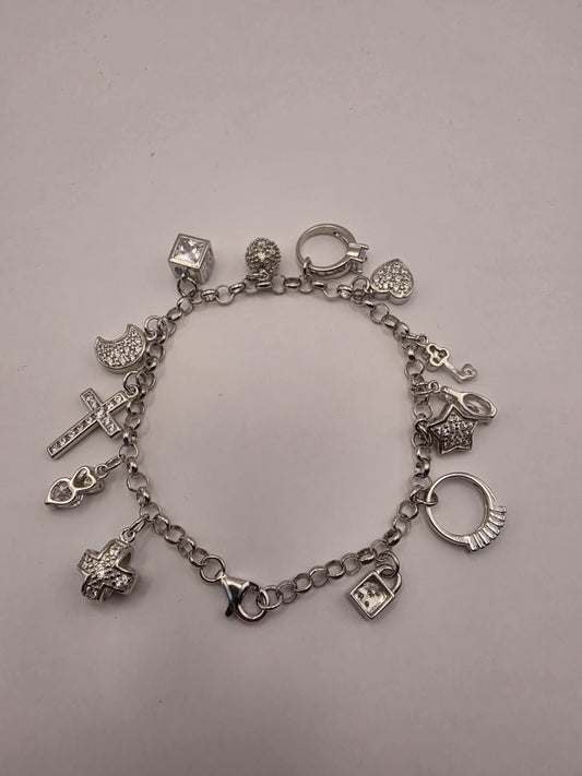 Sterling Silver CZ Charm Bracelet | 925 Silver | 7.5 Inch | 12 Charm Multi Charm Bracelet