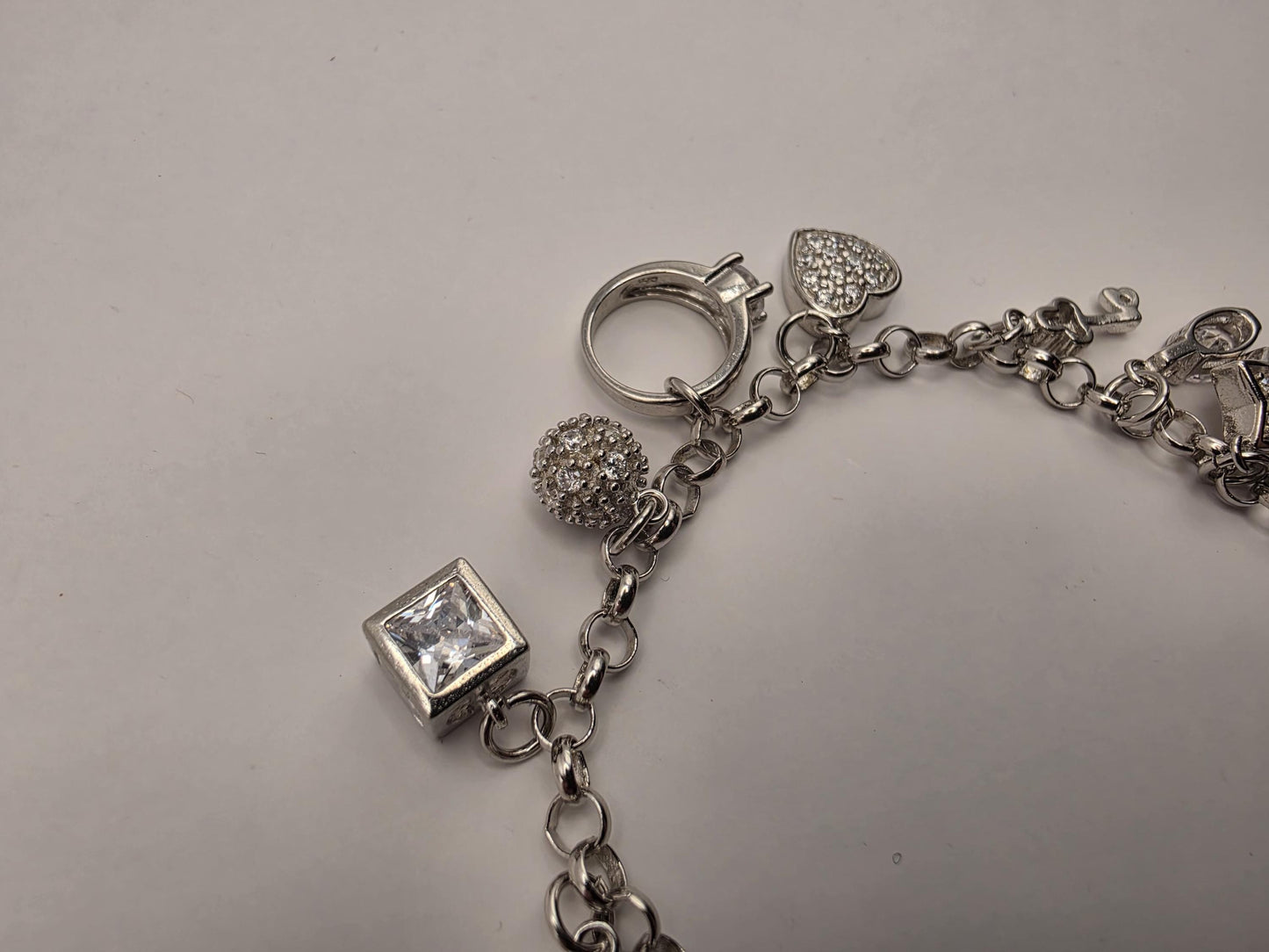Sterling Silver CZ Charm Bracelet | 925 Silver | 7.5 Inch | 12 Charm Multi Charm Bracelet