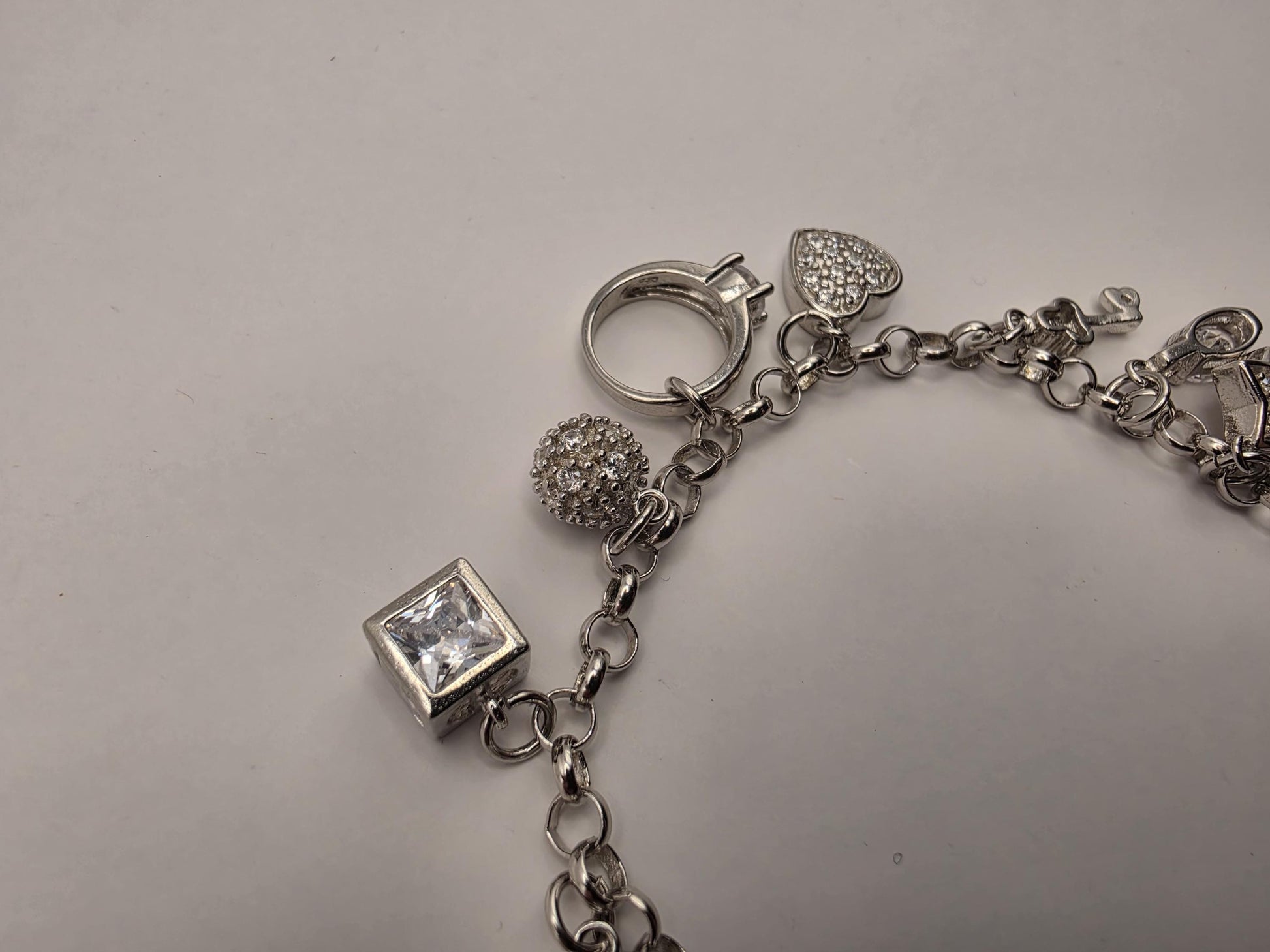 Sterling Silver CZ Charm Bracelet | 925 Silver | 7.5 Inch | 12 Charm Multi Charm Bracelet