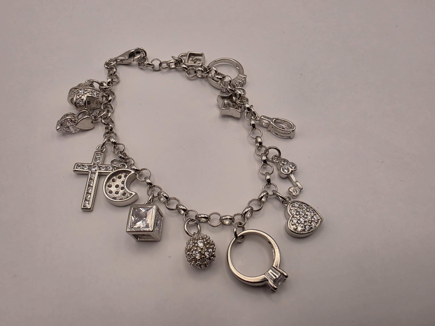 Sterling Silver CZ Charm Bracelet | 925 Silver | 7.5 Inch | 12 Charm Multi Charm Bracelet