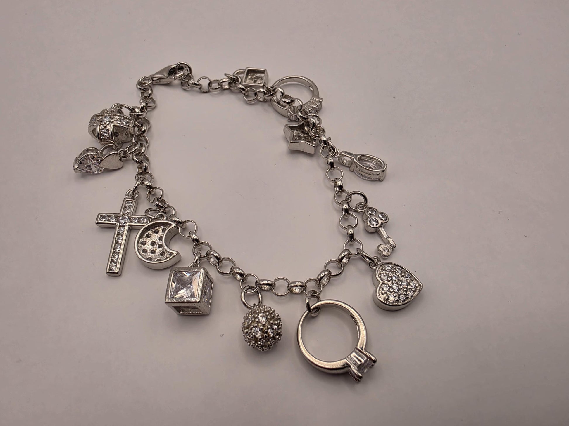 Sterling Silver CZ Charm Bracelet | 925 Silver | 7.5 Inch | 12 Charm Multi Charm Bracelet