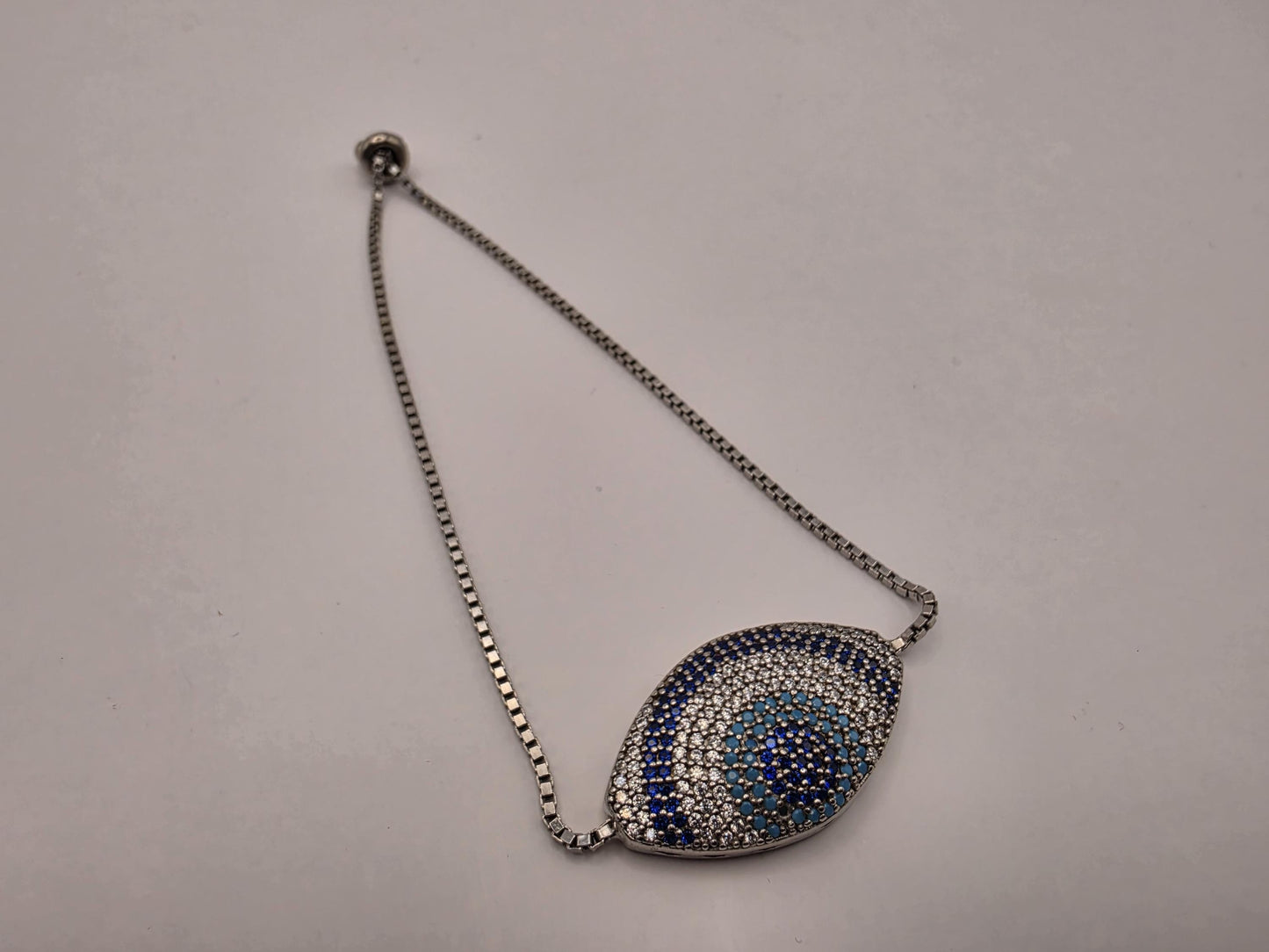 Sterling Silver Pave CZ Evil Eye Bolo Bracelet | 925 Silver | 8.5 Inch Adjustable | Box Chain