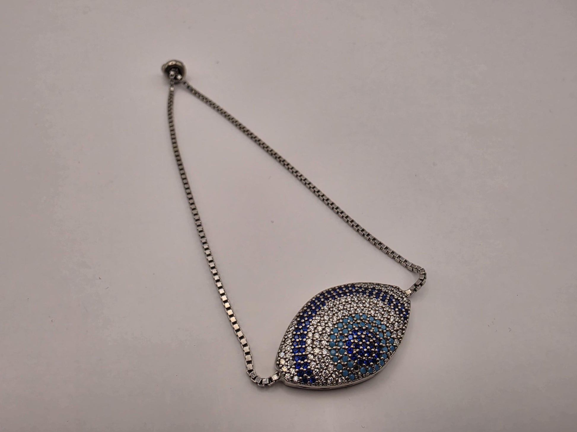 Sterling Silver Pave CZ Evil Eye Bolo Bracelet | 925 Silver | 8.5 Inch Adjustable | Box Chain