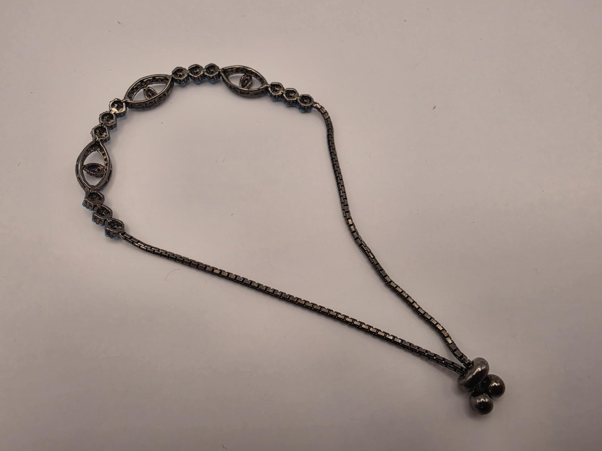 Sterling Silver Oxidized Turquoise CZ Evil Eye Bolo Bracelet | 925 Silver | 8.5 Inch Adjustable