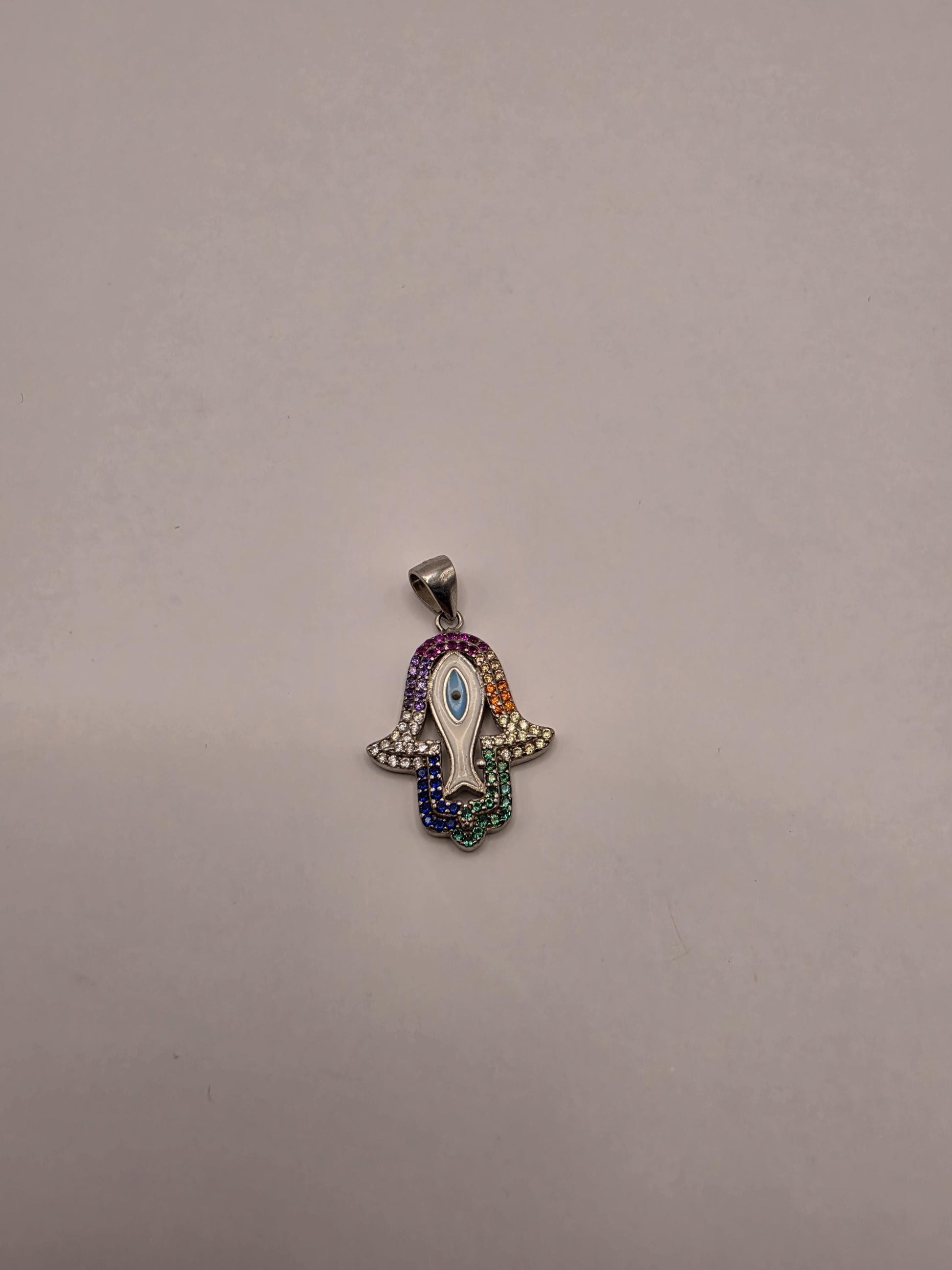 Sterling Silver Rainbow Hamsa Pendant | 925 Silver Multicolor CZ Hand of Fatima | Colorful Hamsa Charm