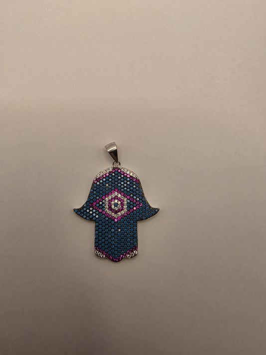 Sterling Silver Hamsa Pendant | 925 Silver Blue Pavé CZ Hamsa Evil Eye Charm | Large Hamsa Necklace Pendant | Spiritual Protection Charm