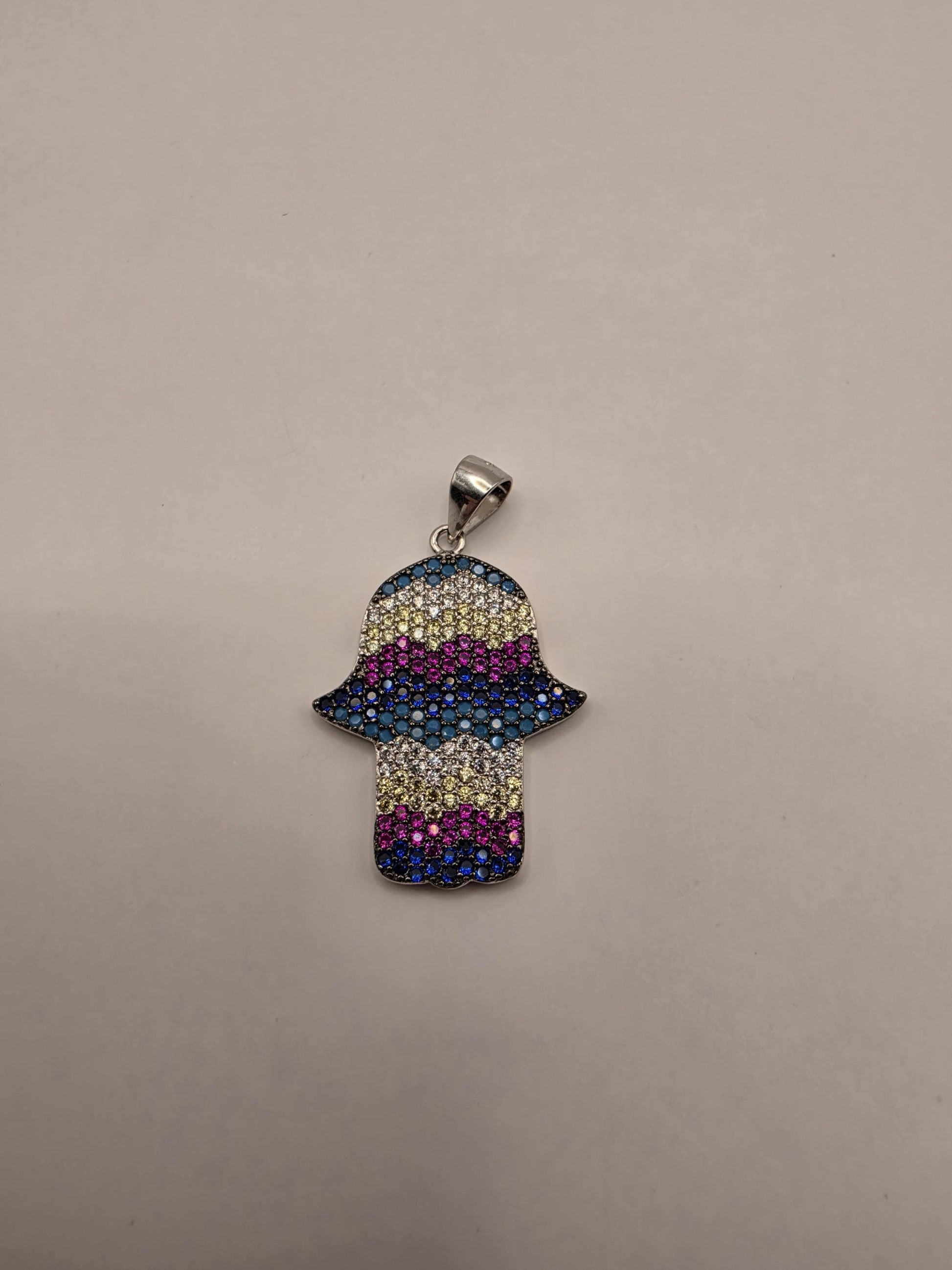 Sterling Silver Hamsa Pendant | 925 Silver Multicolor Stripe CZ Hamsa Charm | Colorful Hamsa Necklace Pendant
