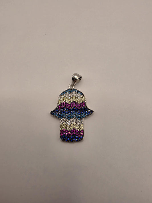 Sterling Silver Hamsa Pendant | 925 Silver Multicolor Stripe CZ Hamsa Charm | Colorful Hamsa Necklace Pendant