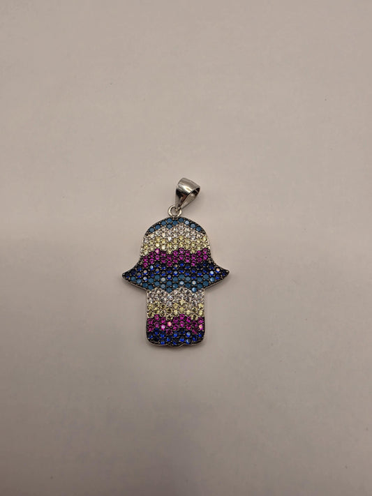 Sterling Silver Hamsa Pendant | 925 Silver Multicolor Stripe CZ Hamsa Charm | Colorful Hamsa Necklace Pendant | Spiritual Protection Charm