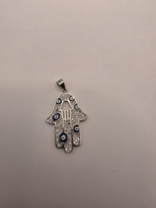 Sterling Silver Hamsa Pendant | 925 Silver CZ Evil Eye Hamsa Charm | Blue Enamel Hamsa Necklace Pendant | Spiritual Protection Charm